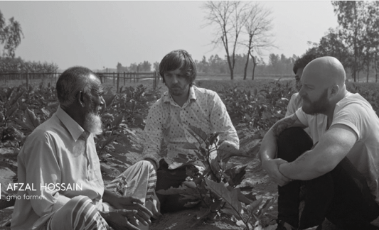 バングラデシュでBtナスを栽培する農家に話を聞くヘデさん（中央）とカーステンさん（右）